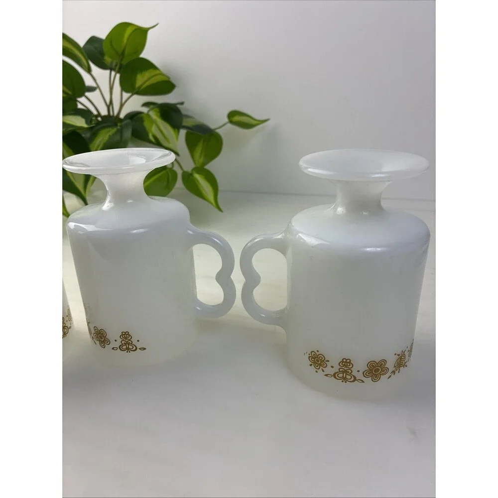 Pedestal Irish Coffee Mugs Butterfly Gold Vintage 70s Pyrex Cups Milk Glass 4pc